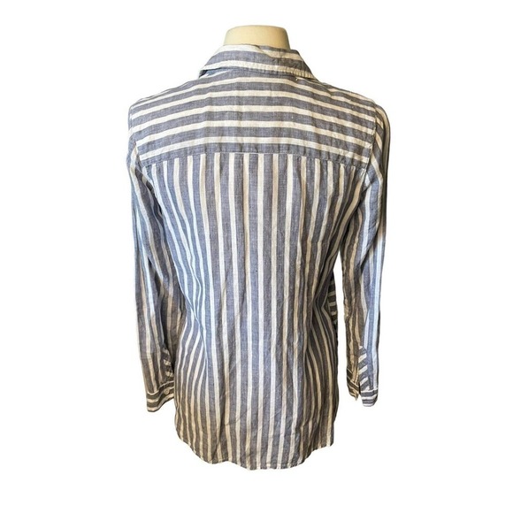 J Jill Linen Blue and White Stripes Button Front Blouse XS Pockets Oversized - Picture 6 of 9